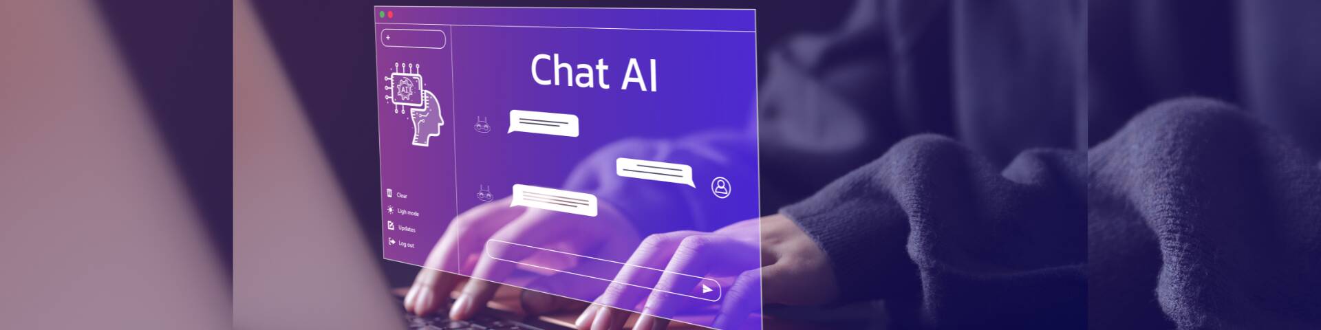 Close-up of hands typing on a keyboard with a digital overlay displaying a 'Chat AI' interface, representing innovative marketing and AI-driven solutions provided by LMA, a leading marketing agency.