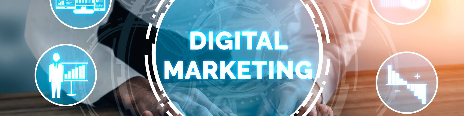 Digital marketing strategy concept featuring futuristic icons for data analytics, business growth, and online marketing solutions. Ideal for SEO, PPC, content marketing, and social media marketing services